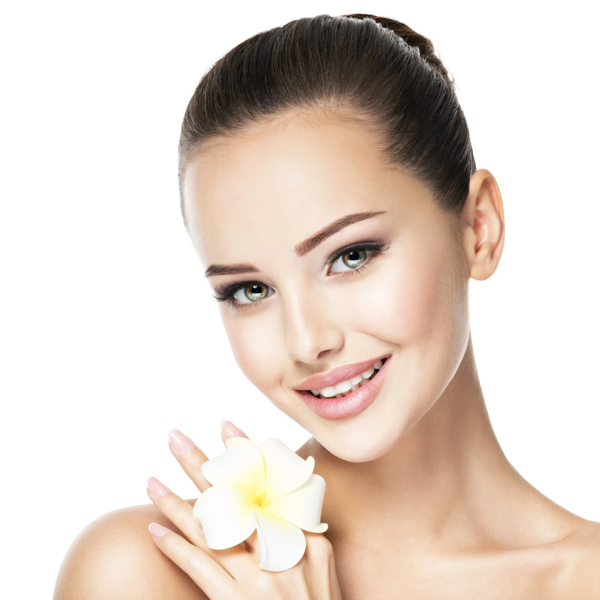 Beautiful smiling face of young woman with flower